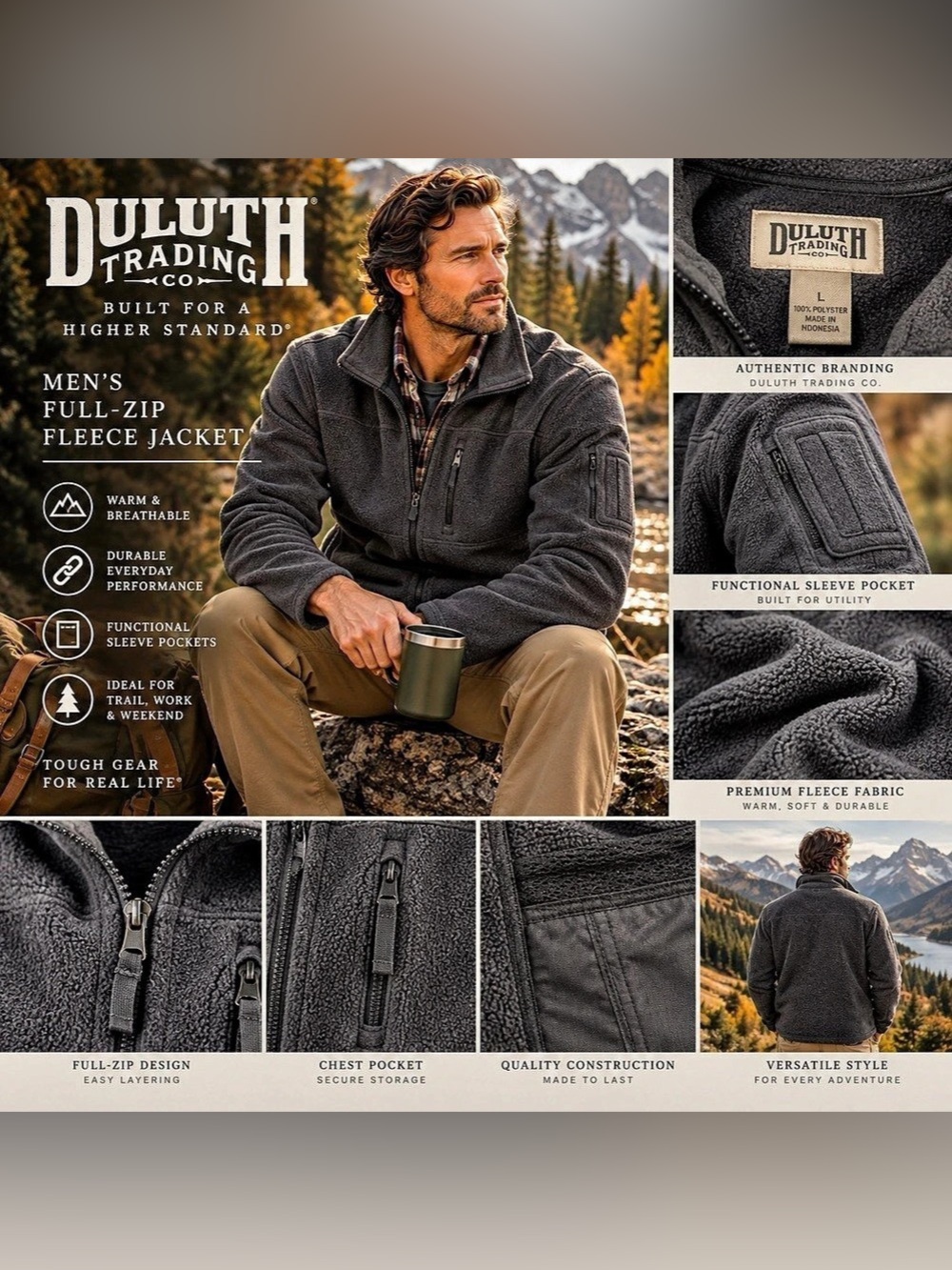 Duluth Trading Co. Men's Full-Zip Fleece Jacket. Gray Size Large